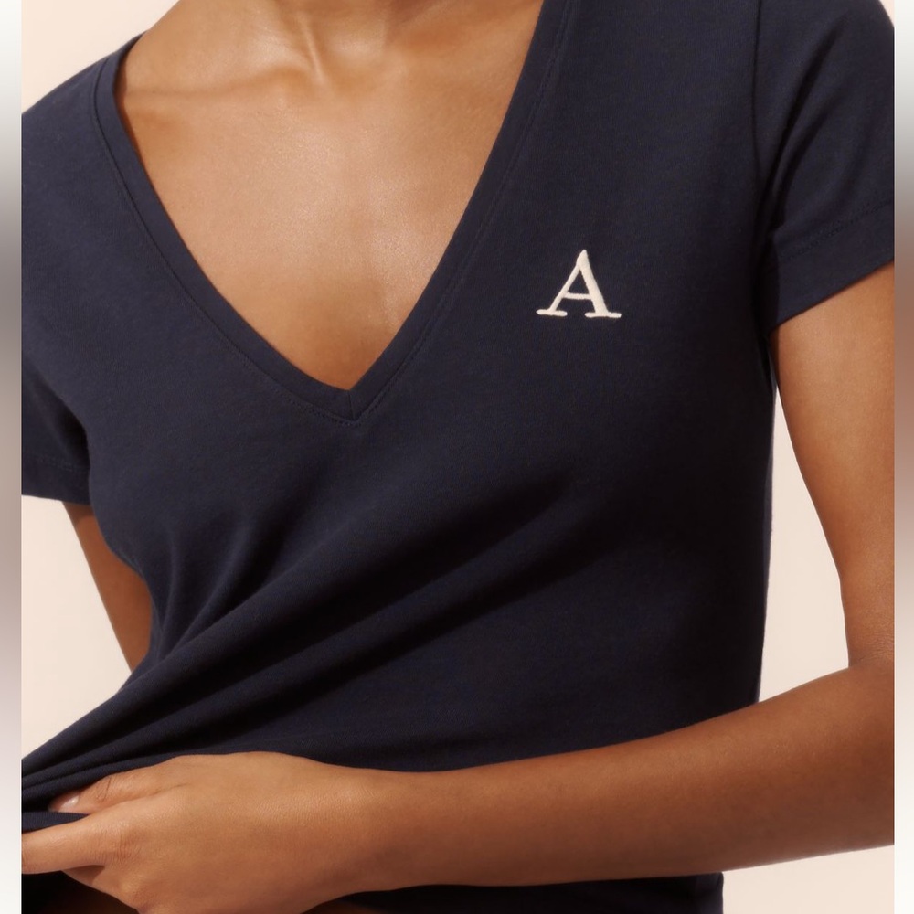 Navy V-Neck Tee with White Initial